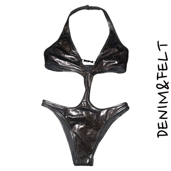 SKIMS METALLIC SWIM HALTER MONOKINI |STYLE: OP-CKY-2807 | COLOR:CARBON | NEW/NET - Picture 2 of 11